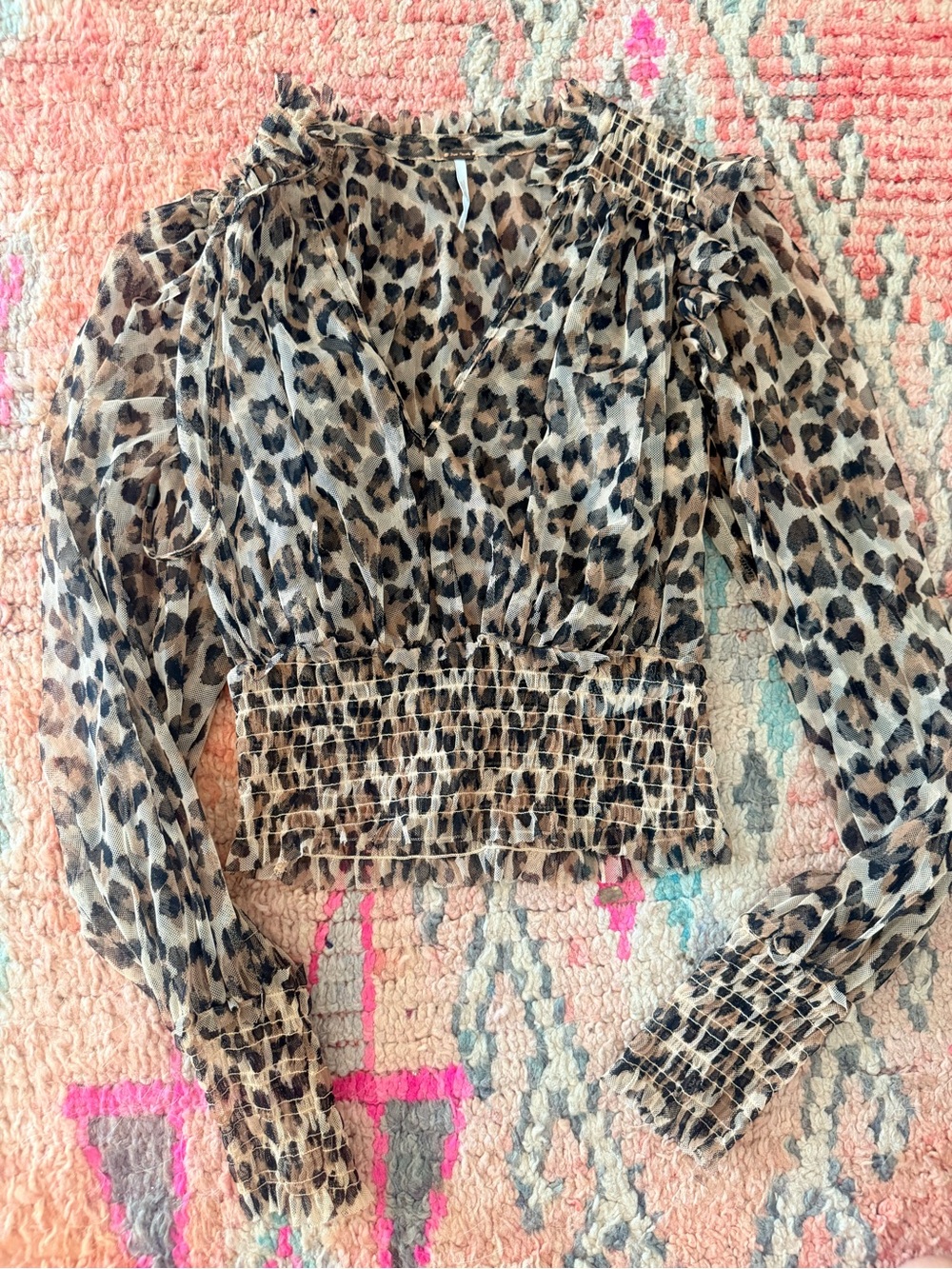 Free People Leopard Print Smocked Waist Blouse - Tan Black